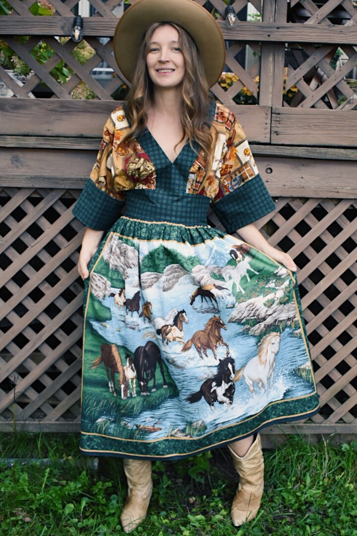 Running Horses Vintage Cotton Fabric Panel Kimono Sleeve Midi Dress | MakerPlace by Michaels Running Horses Vintage Cotton Fabric Panel Kimono Sleeve Midi Dress | MakerPlace by Michaels